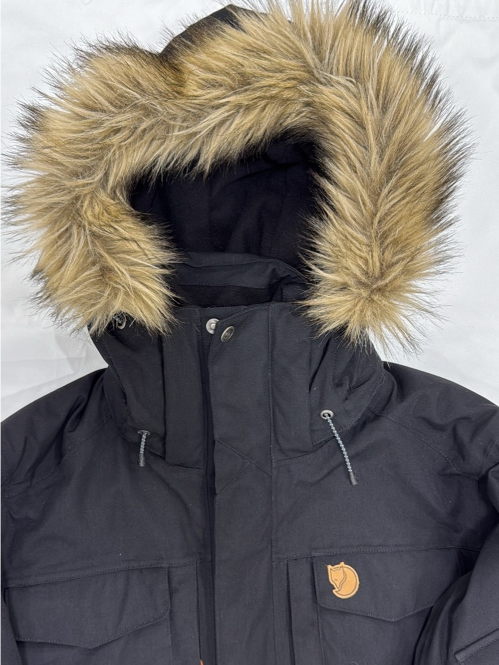 Fjallraven Nuuk Parka Black Puffer Jacket with Faux Fur Trim Hood